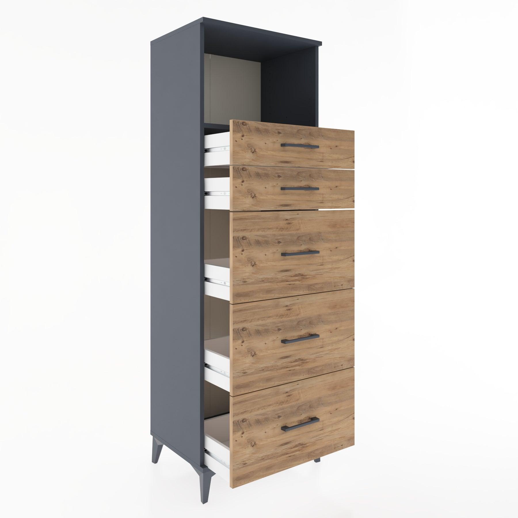 Woodntry Modüler Dolap Antrasit 60x44x170 cm Çekmeceli ve Raflı CR49-2
