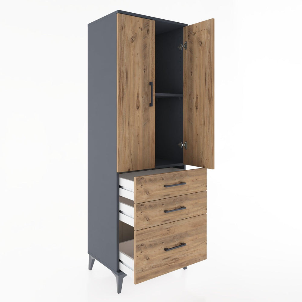 Woodntry Modüler Dolap Antrasit 60x44x170 cm Kapaklı ve Çekmeceli KC14-2