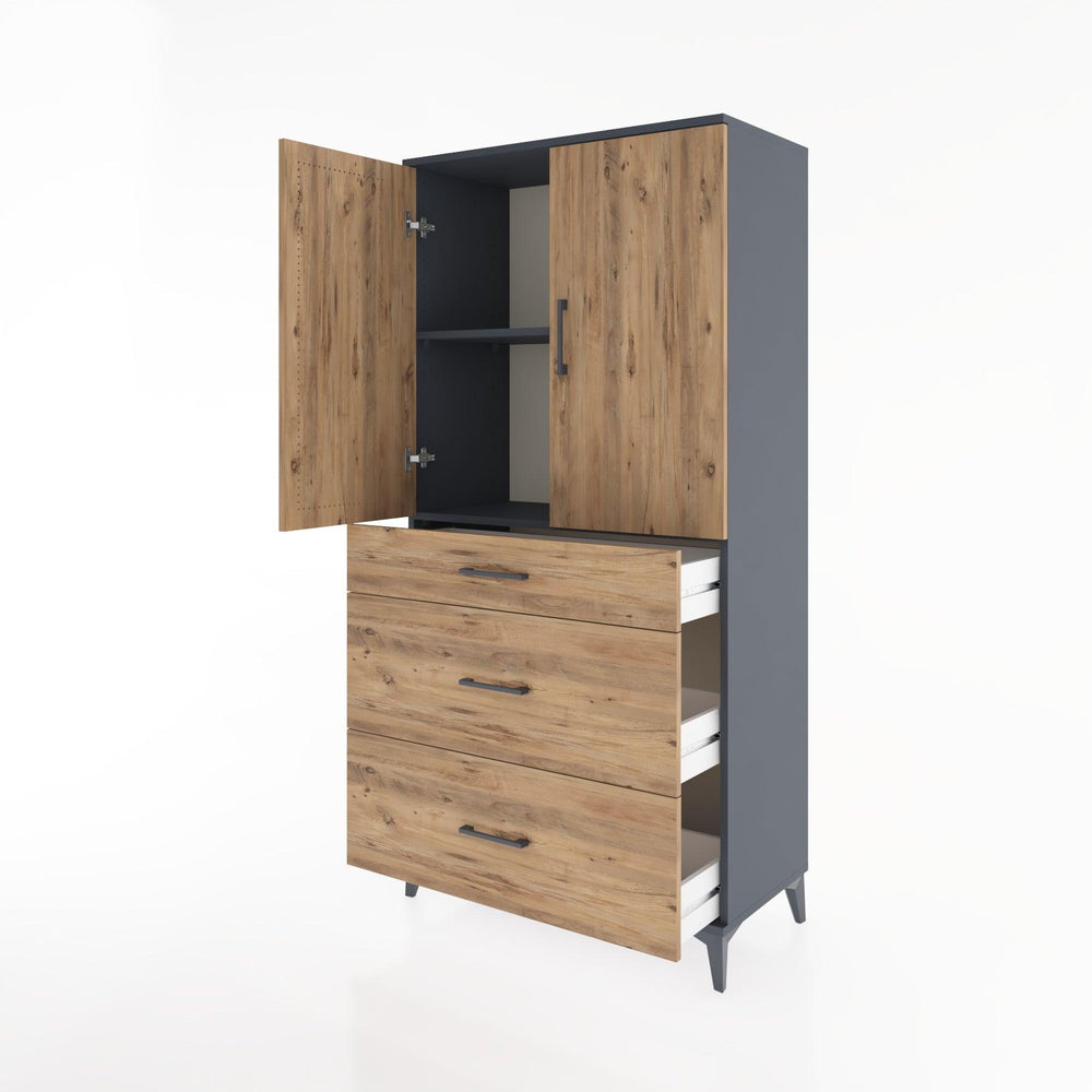 Woodntry Modüler Dolap Antrasit 88x44x170 cm Kapaklı ve Çekmeceli KC20-2