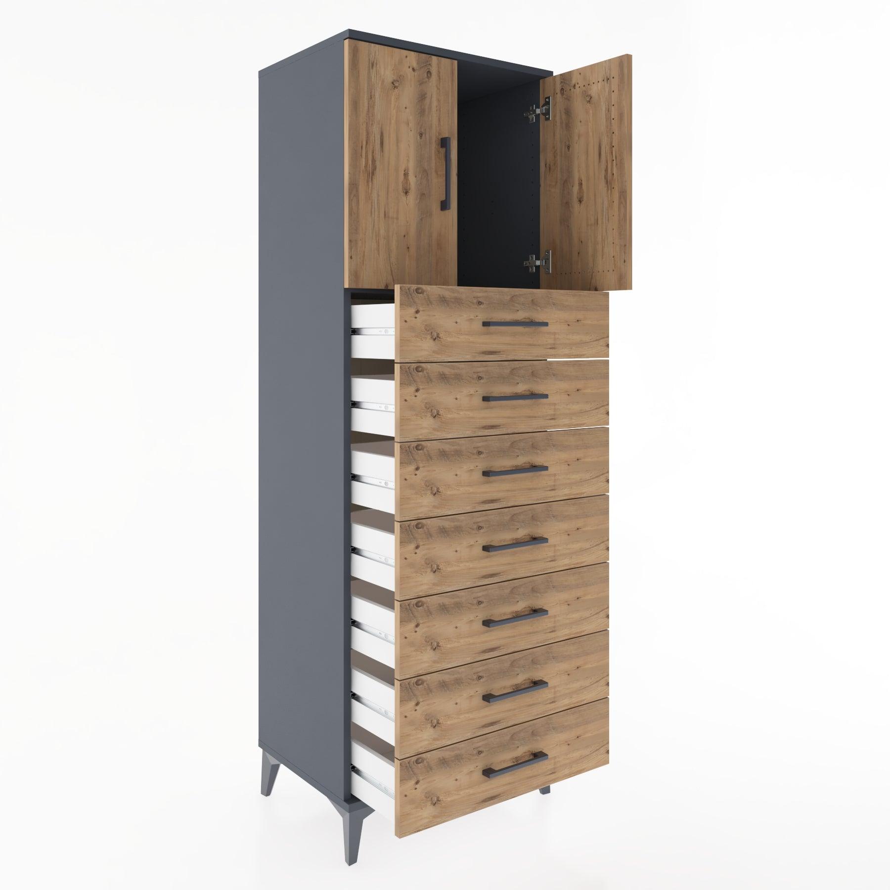 Woodntry Modüler Dolap Antrasit 60x44x170 cm Kapaklı ve Çekmeceli KC2-2