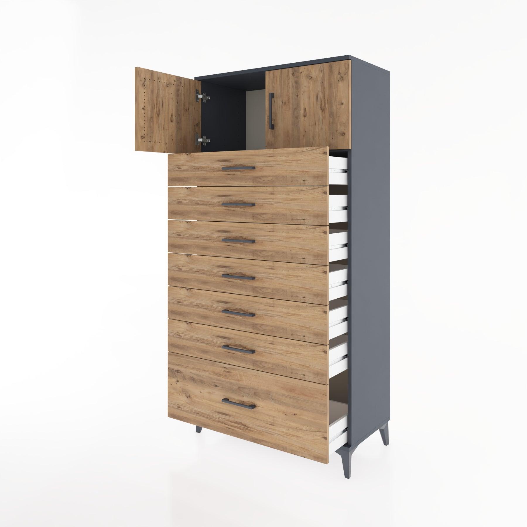 Woodntry Modüler Dolap Antrasit 88x44x170 cm Kapaklı ve Çekmeceli KC10-2