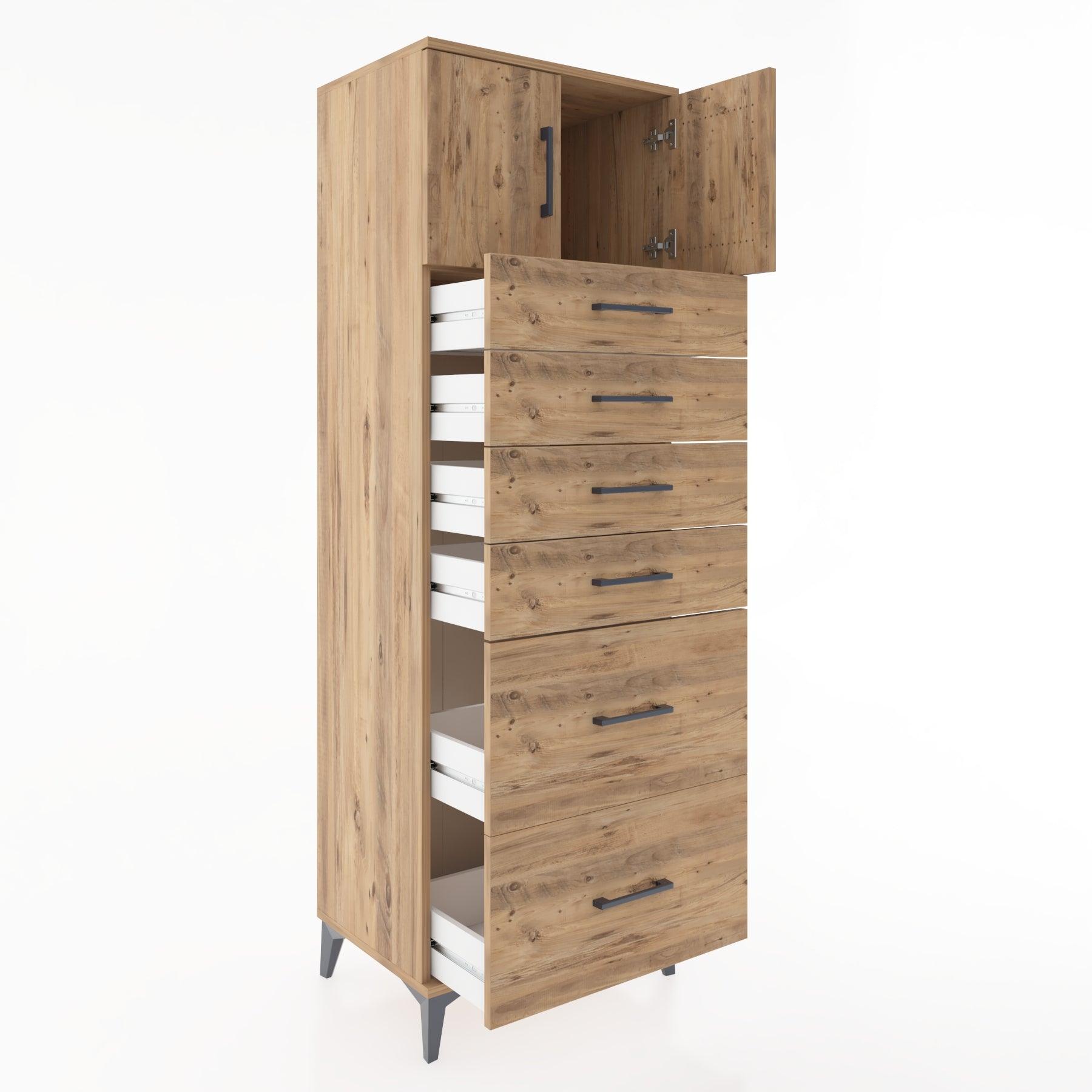 Woodntry Modüler Dolap Çam 60x44x170 cm Kapaklı ve Çekmeceli KC17-3