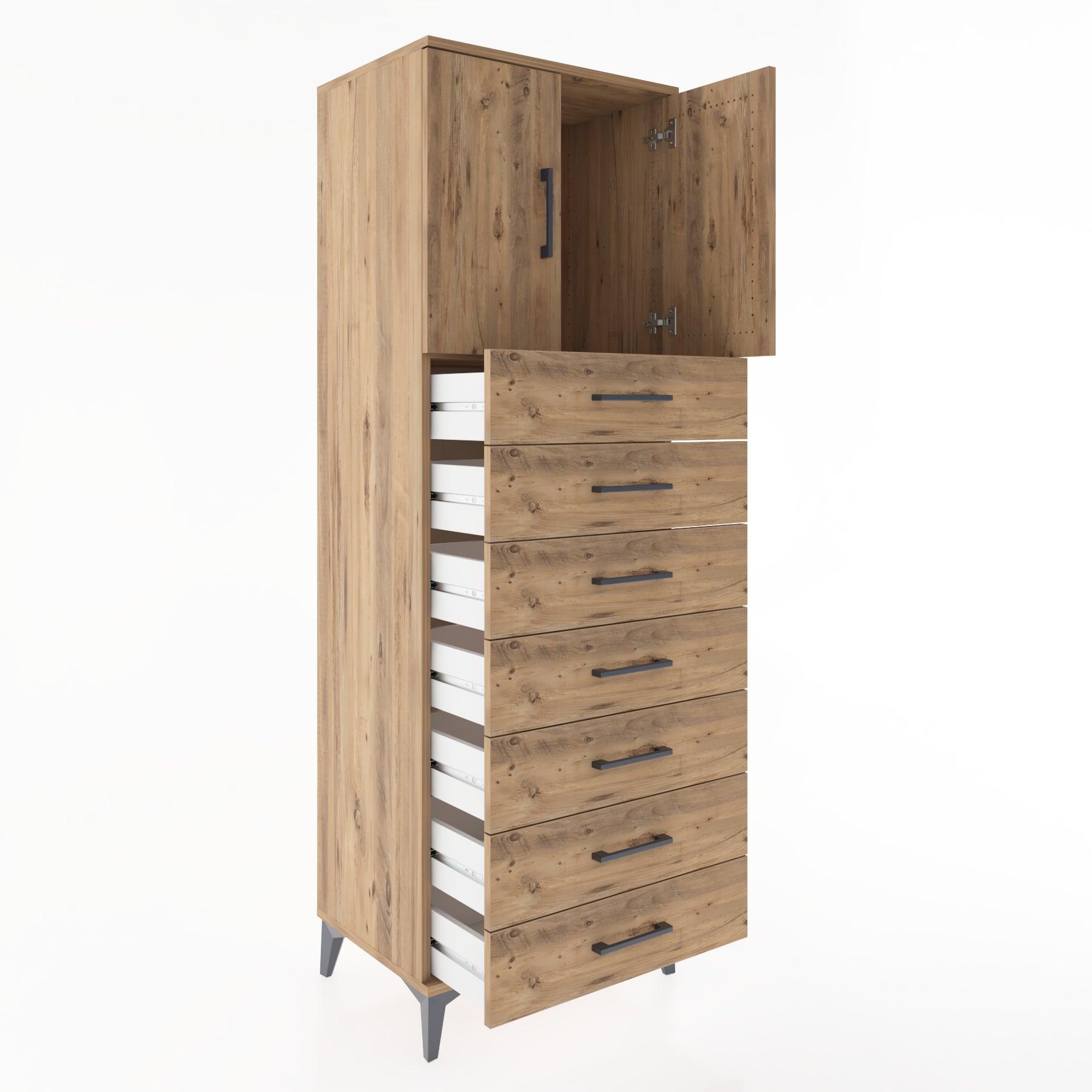 Woodntry Modüler Dolap Çam 60x44x170 cm Kapaklı ve Çekmeceli KC2-3