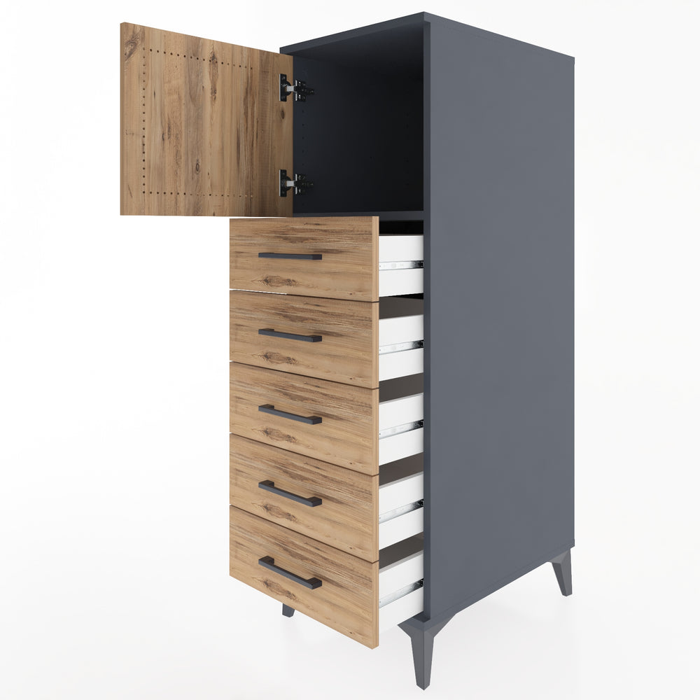 Woodntry Modüler Dolap Antrasit 44x59x122 cm Kapaklı ve Çekmeceli KC63-2