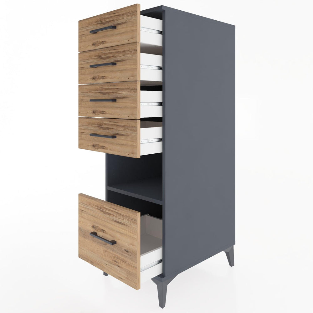 Woodntry Modüler Dolap Antrasit 44x30x122 cm Çekmeceli ve Raflı CR78-2