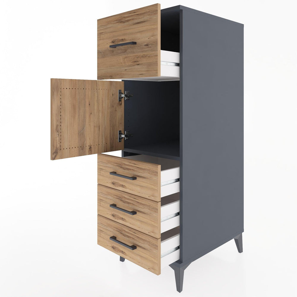 Woodntry Modüler Dolap Antrasit 44x30x122 cm Kapaklı ve Çekmeceli KC28-2