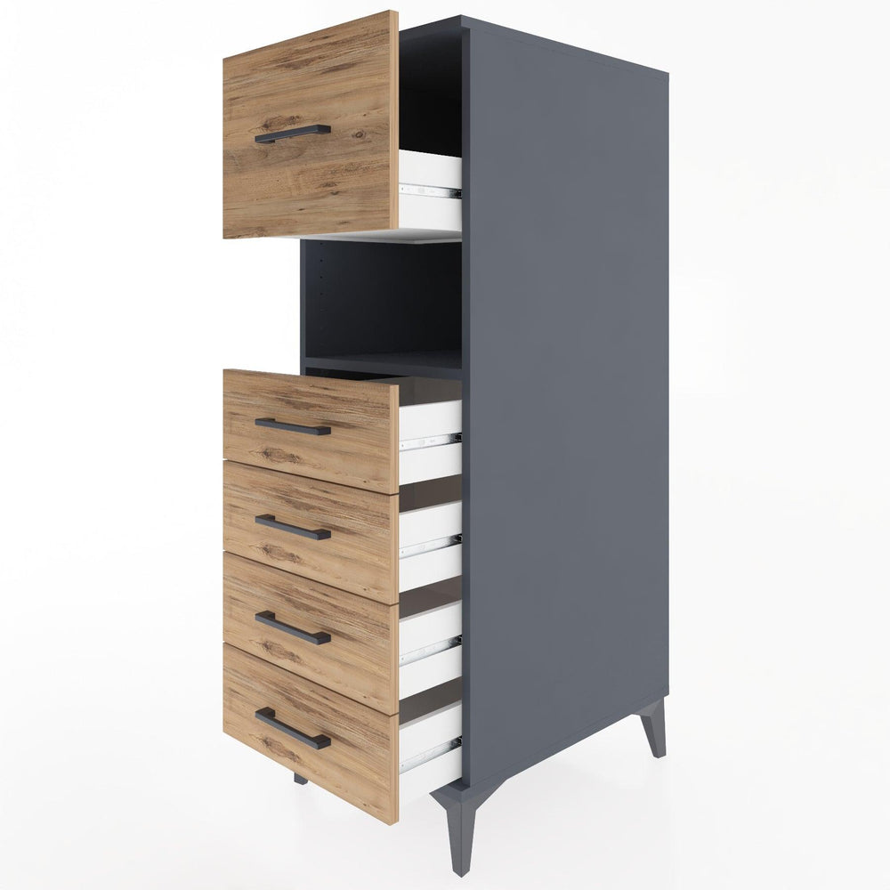 Woodntry Modüler Dolap Antrasit 44x30x122 cm Çekmeceli ve Raflı CR96-2