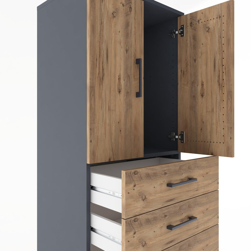 Woodntry Modüler Dolap Antrasit 60x44x170 cm Kapaklı ve Çekmeceli KC3-2