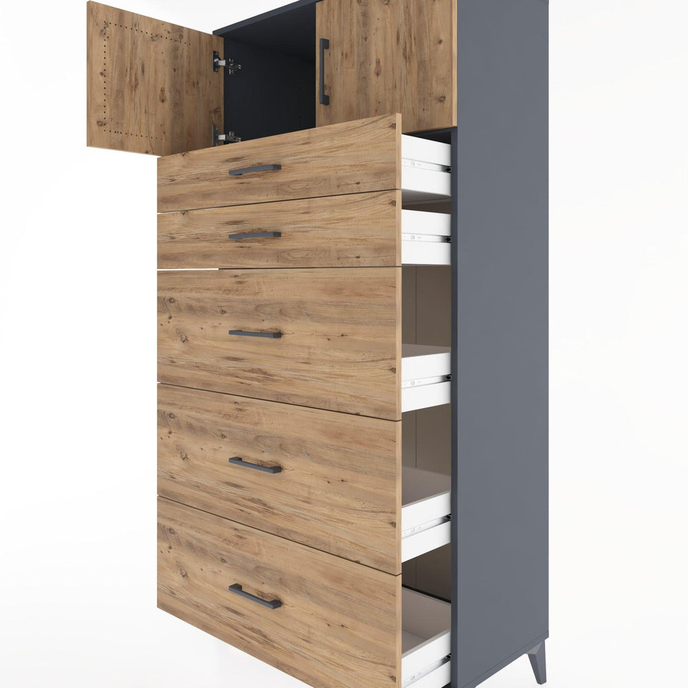 Woodntry Modüler Dolap Antrasit 88x44x170 cm Kapaklı ve Çekmeceli KC22-2