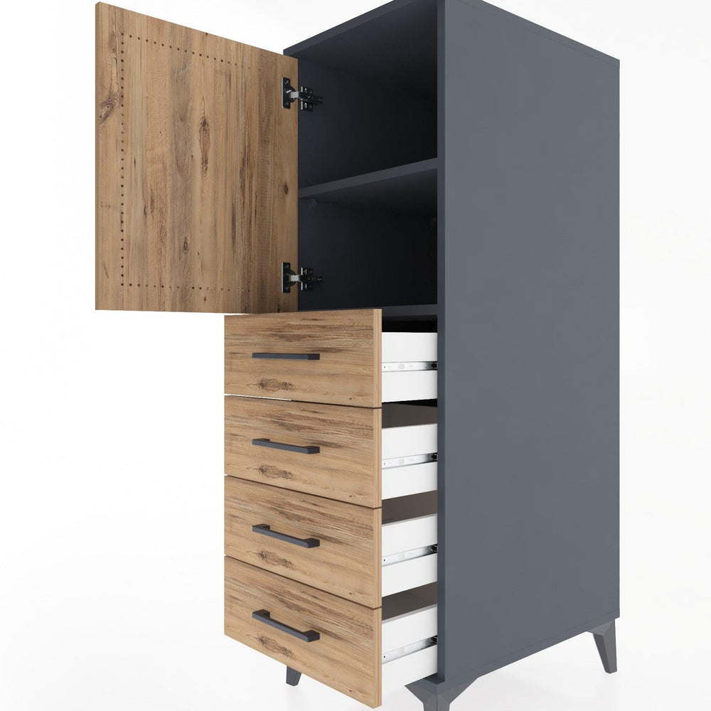 Woodntry Modüler Dolap Antrasit 44x30x122 cm Kapaklı ve Çekmeceli KC53-2