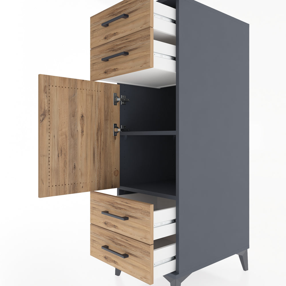 Woodntry Modüler Dolap Antrasit 44x59x122 cm Kapaklı ve Çekmeceli KC55-2