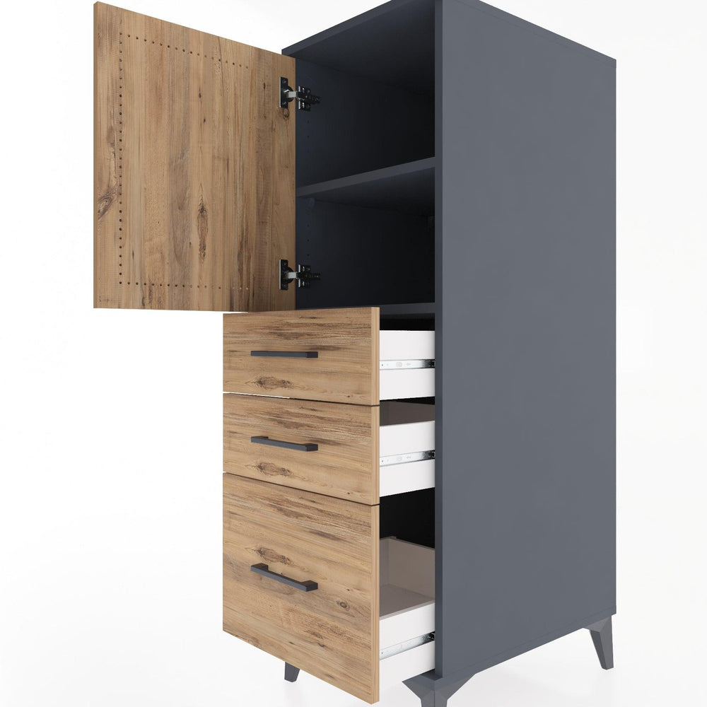 Woodntry Modüler Dolap Antrasit 44x30x122 cm Kapaklı ve Çekmeceli KC6-2