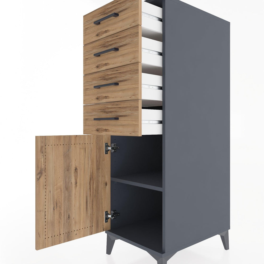 Woodntry Modüler Dolap Antrasit 44x30x122 cm Kapaklı ve Çekmeceli KC58-2