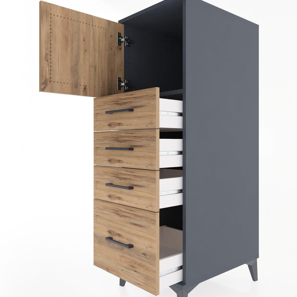 Woodntry Modüler Dolap Antrasit 44x30x122 cm Kapaklı ve Çekmeceli KC9-2