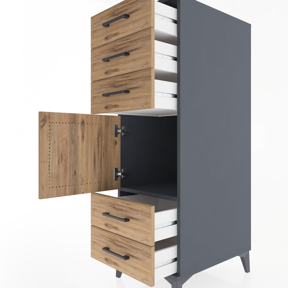 Woodntry Modüler Dolap Antrasit 44x59x122 cm Kapaklı ve Çekmeceli KC65-2