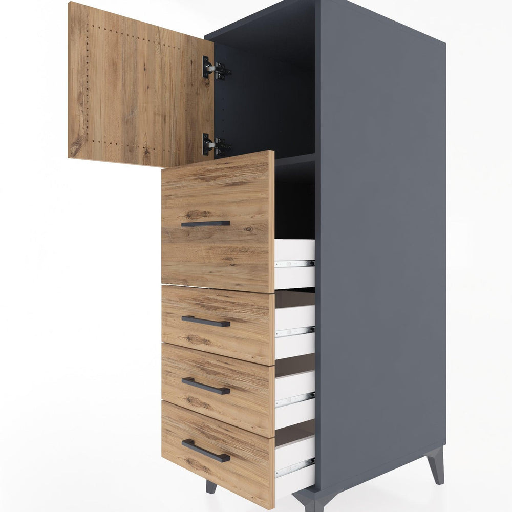 Woodntry Modüler Dolap Antrasit 44x59x122 cm Kapaklı ve Çekmeceli KC16-2