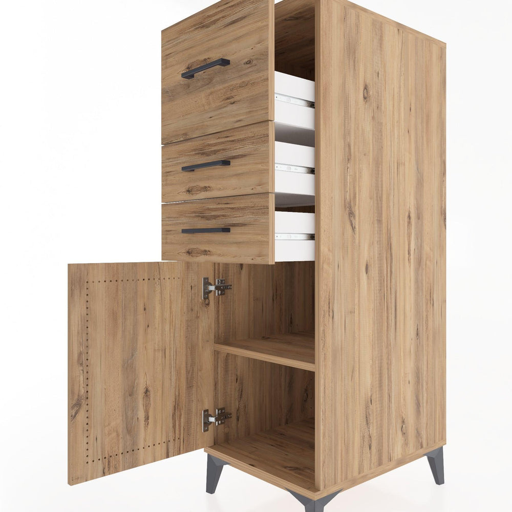 Woodntry Modüler Dolap Çam 44x30x122 cm Kapaklı ve Çekmeceli KC24-3