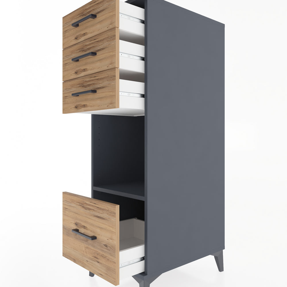 Woodntry Modüler Dolap Antrasit 44x59x122 cm Çekmeceli ve Raflı CR76-2