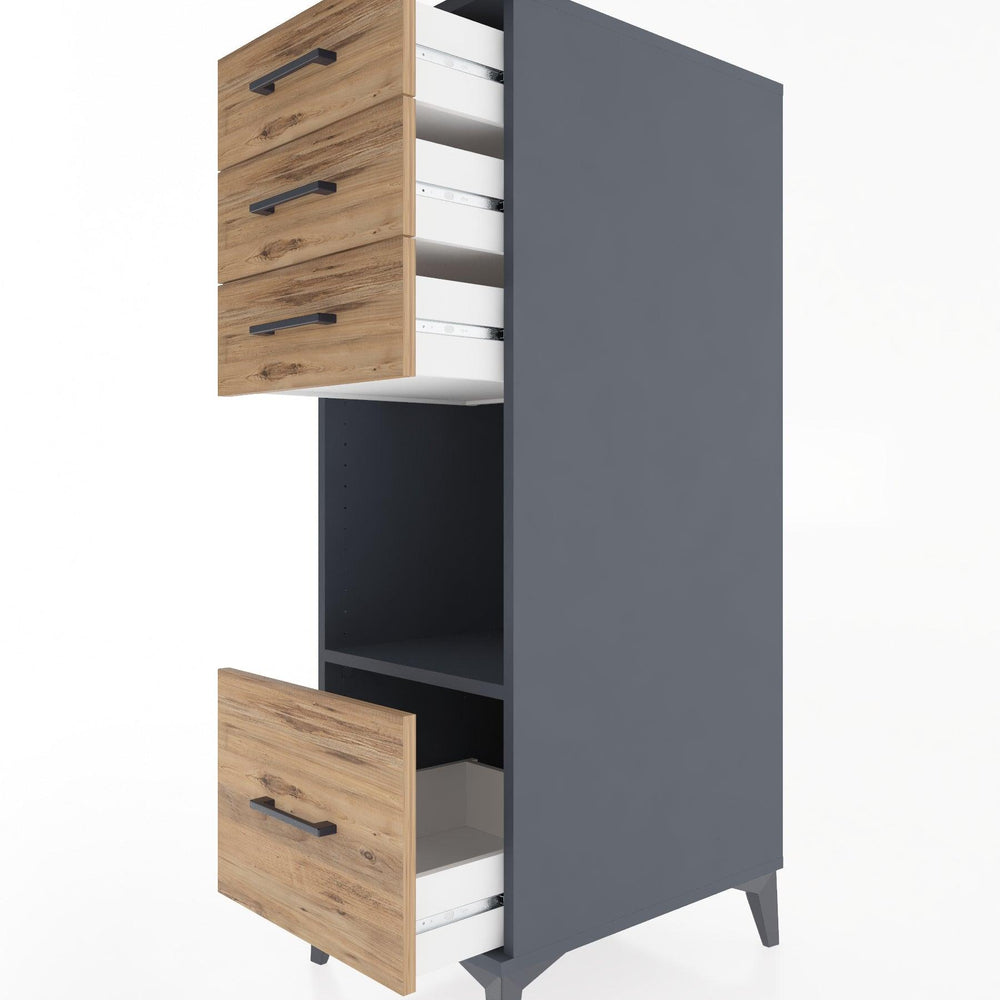 Woodntry Modüler Dolap Antrasit 44x30x122 cm Çekmeceli ve Raflı CR76-2