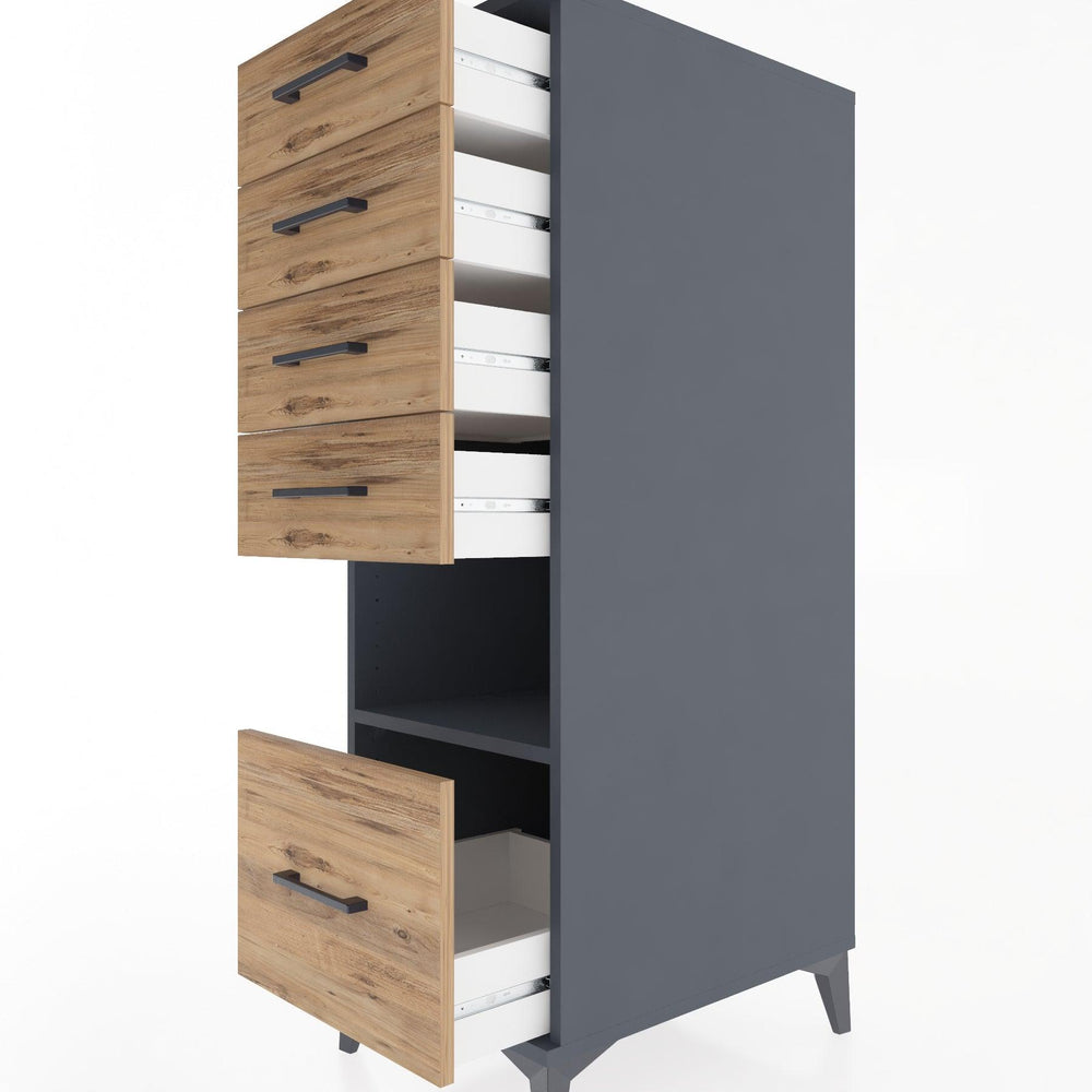 Woodntry Modüler Dolap Antrasit 44x30x122 cm Çekmeceli ve Raflı CR78-2