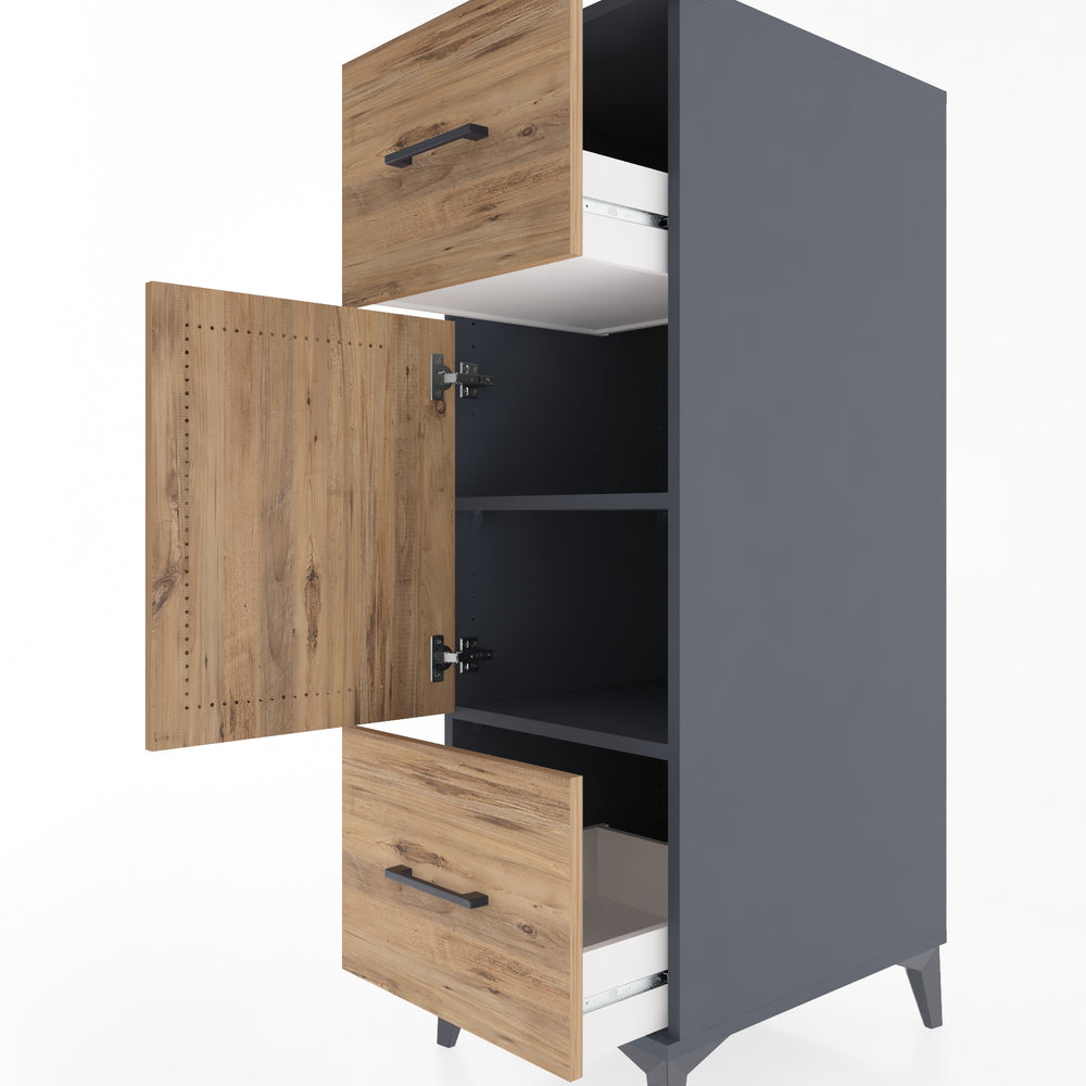 Woodntry Modüler Dolap Antrasit 44x59x122 cm Kapaklı ve Çekmeceli KC33-2