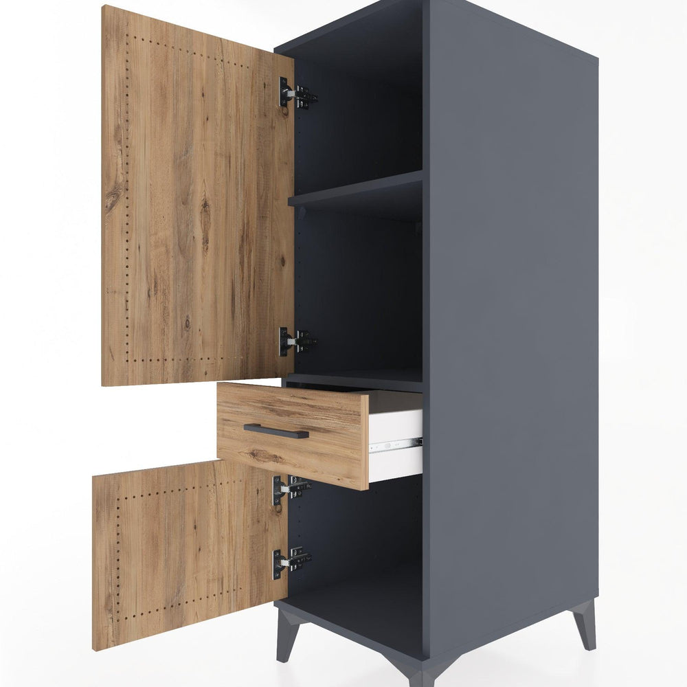 Woodntry Modüler Dolap Antrasit 44x30x122 cm Kapaklı ve Çekmeceli KC44-2