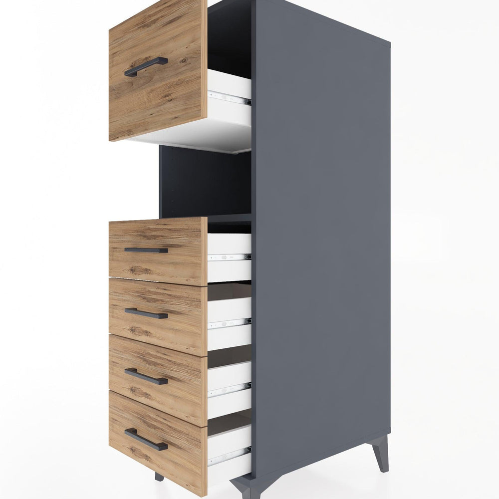 Woodntry Modüler Dolap Antrasit 44x30x122 cm Çekmeceli ve Raflı CR96-2