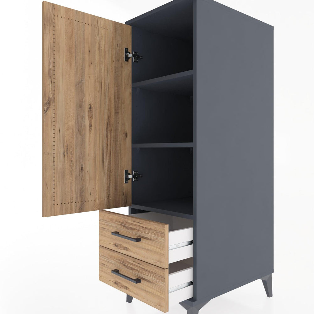 Woodntry Modüler Dolap Antrasit 44x30x122 cm Kapaklı ve Çekmeceli KC47-2