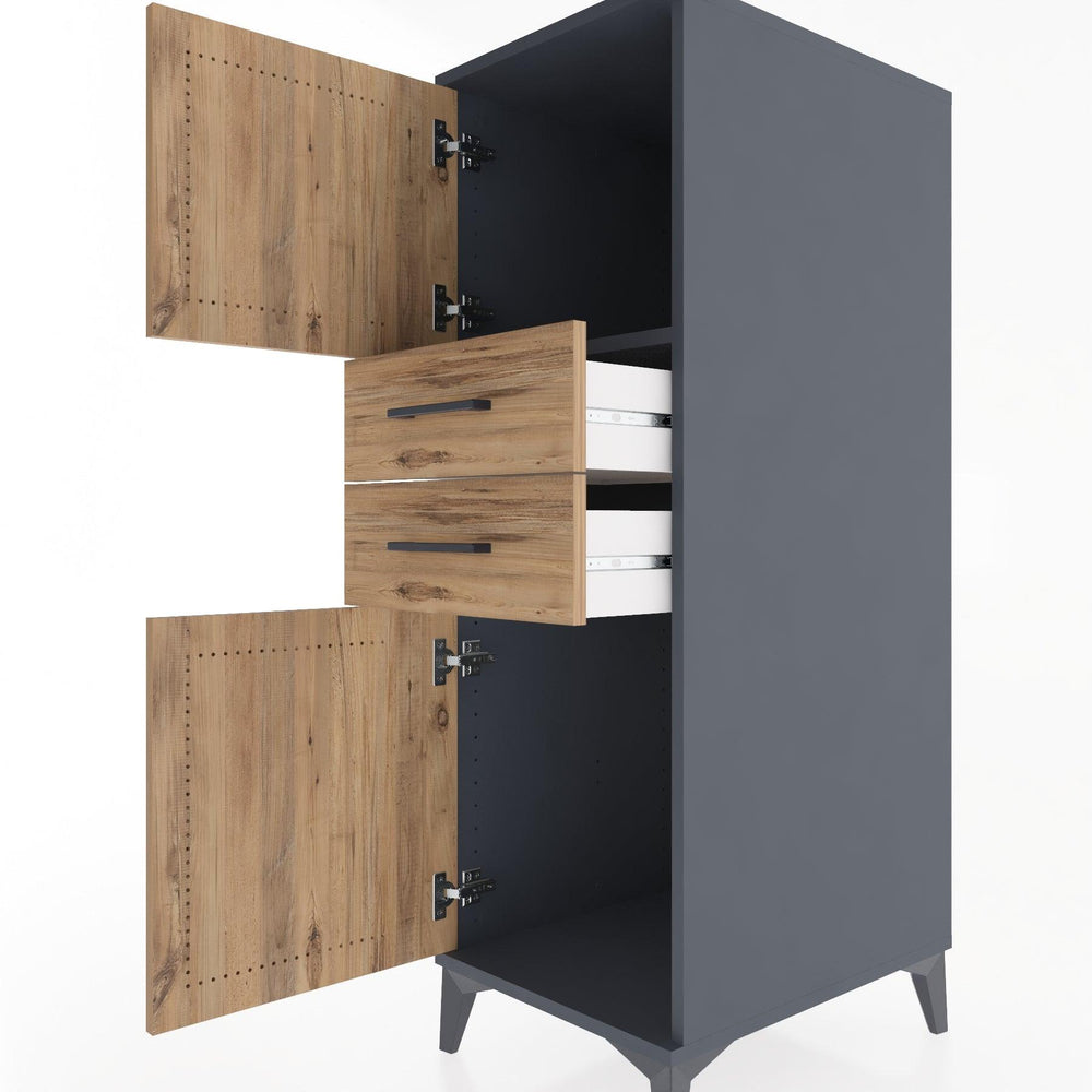 Woodntry Modüler Dolap Antrasit 44x30x122 cm Kapaklı ve Çekmeceli KC48-2