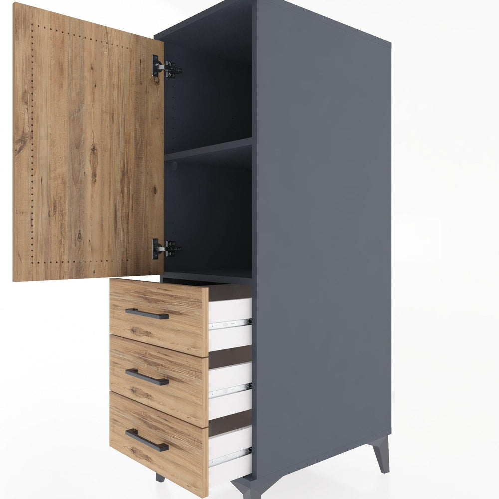 Woodntry Modüler Dolap Antrasit 44x30x122 cm Kapaklı ve Çekmeceli KC134-2