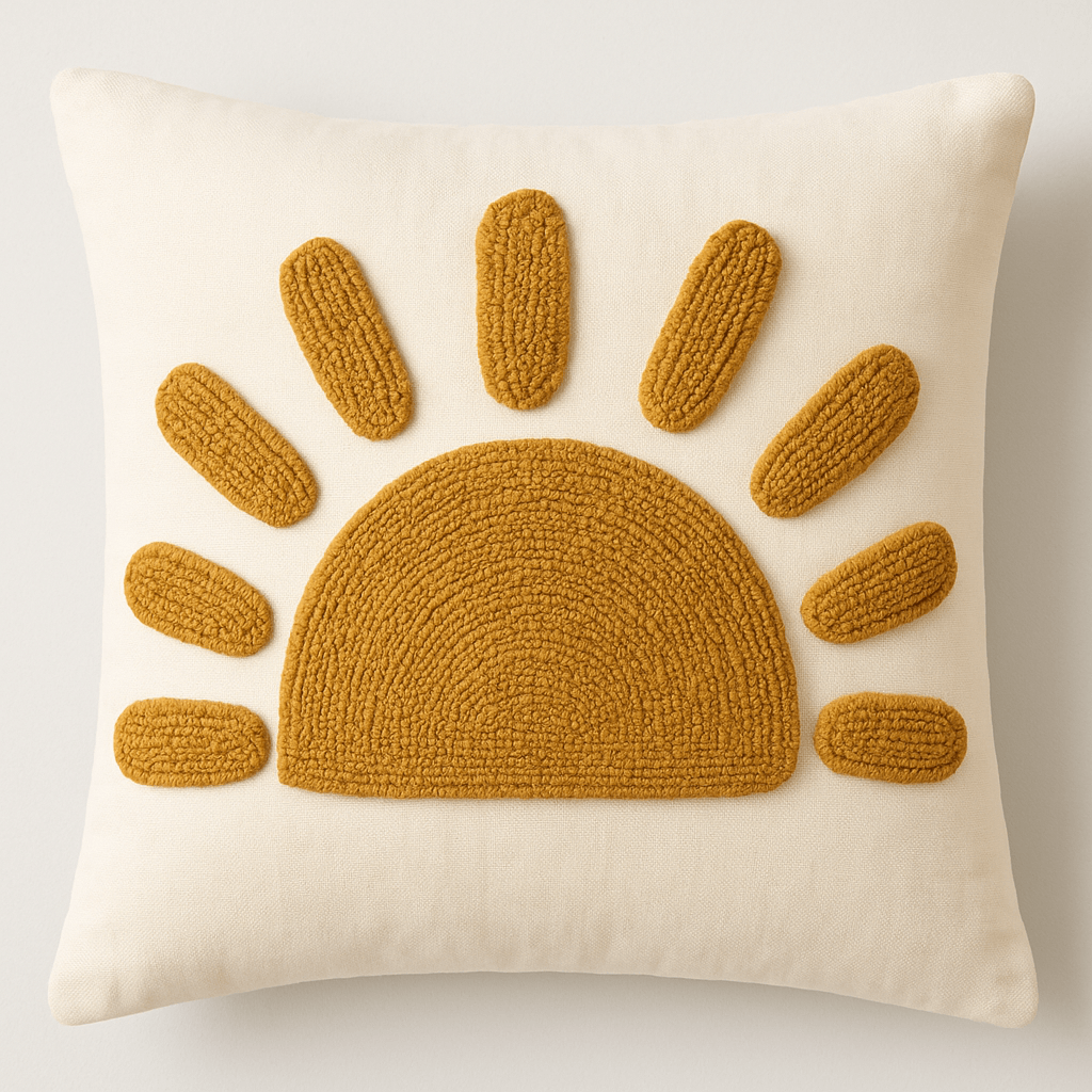 Woodnrty Handmade 30X30 cm Mustard Yellow Half Sun Patterned Punch Pillow Case